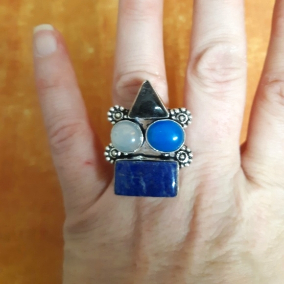New Black Onyx, Lapis Lazuli, Chalcedony 925 Silver Ring. - Picture 3 of 7
